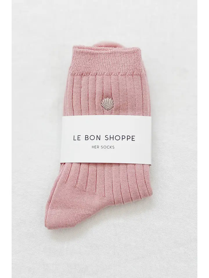 Embroidered Her Socks in Pink Soda + Silver Seashell