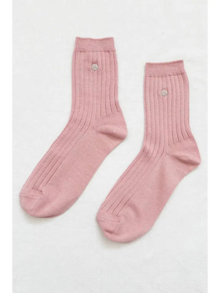 Embroidered Her Socks in Pink Soda + Silver Seashell