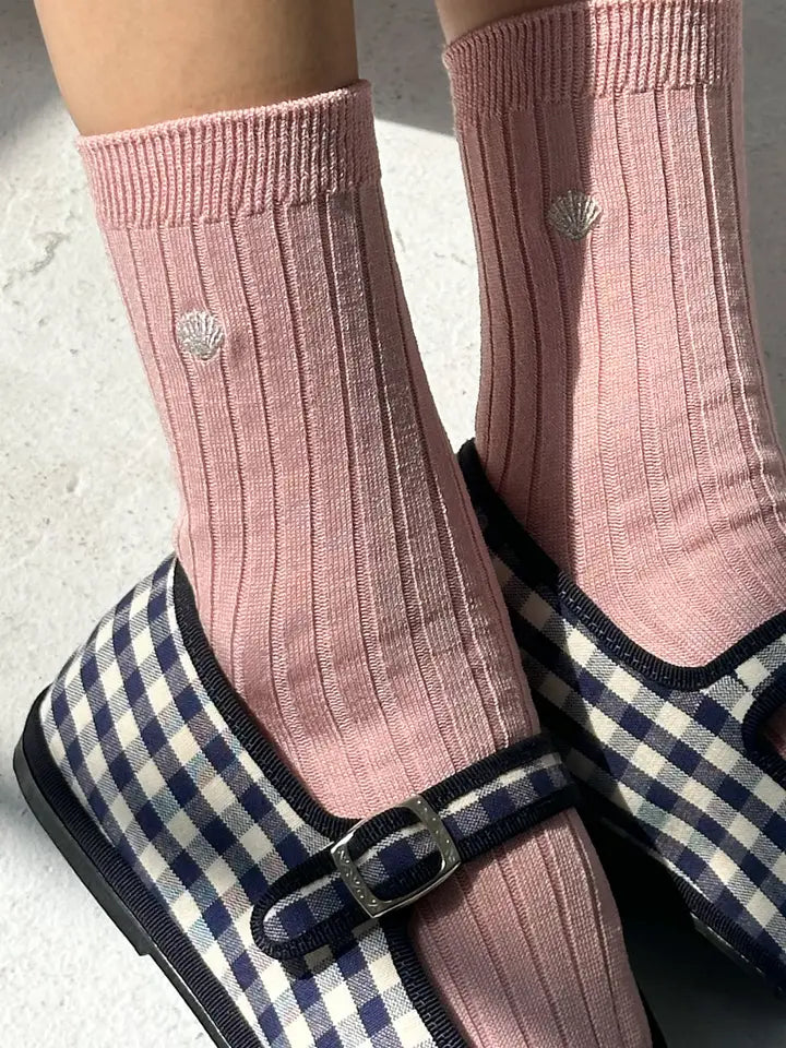 Embroidered Her Socks in Pink Soda + Silver Seashell