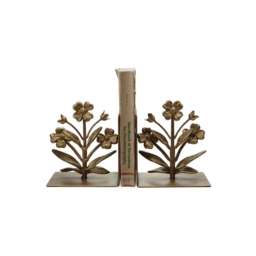Cast Iron Flower Bookends with Gold Finish (Set)