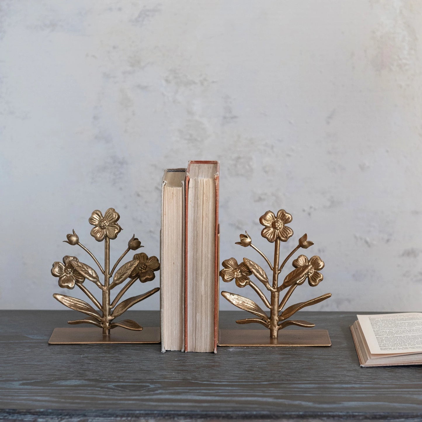 Cast Iron Flower Bookends with Gold Finish (Set)