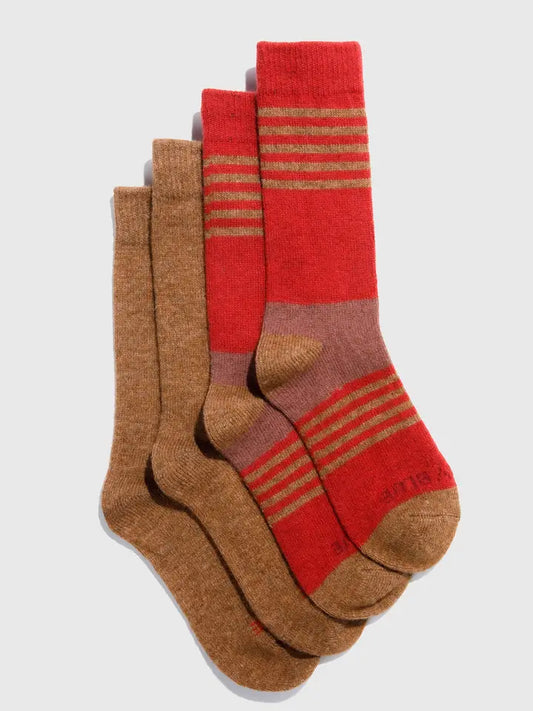 Yak Wool Crew Sock in Sienna/Red Striped - 2 Pack