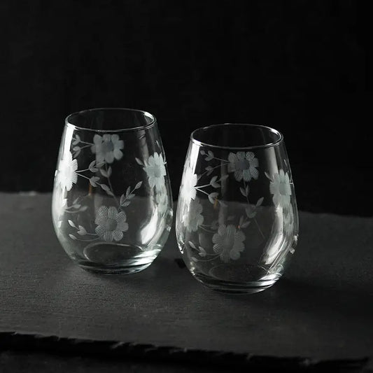 Hand Engraved Stemless Floral Wine Glasses (Set of 2)