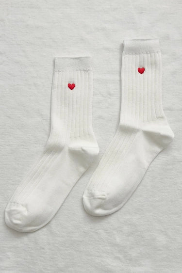 Embroidered Her Socks in White/Red Heart