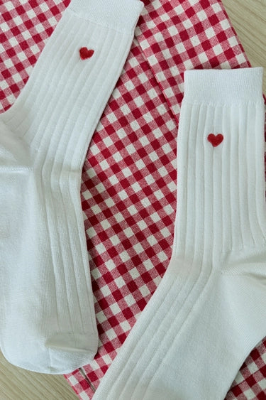 Embroidered Her Socks in White/Red Heart