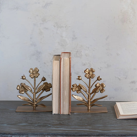 Cast Iron Flower Bookends with Gold Finish (Set)