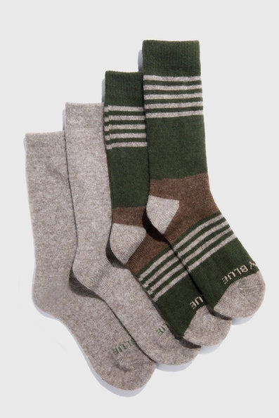 Yak Wool Crew Sock in Tan/Green Striped - 2 Pack