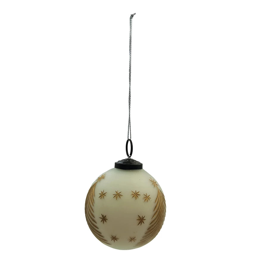 Ivory Glass Ball Ornament with Etched Trees & Stars