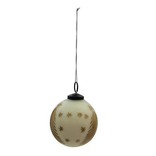 Ivory Glass Ball Ornament with Etched Trees & Stars